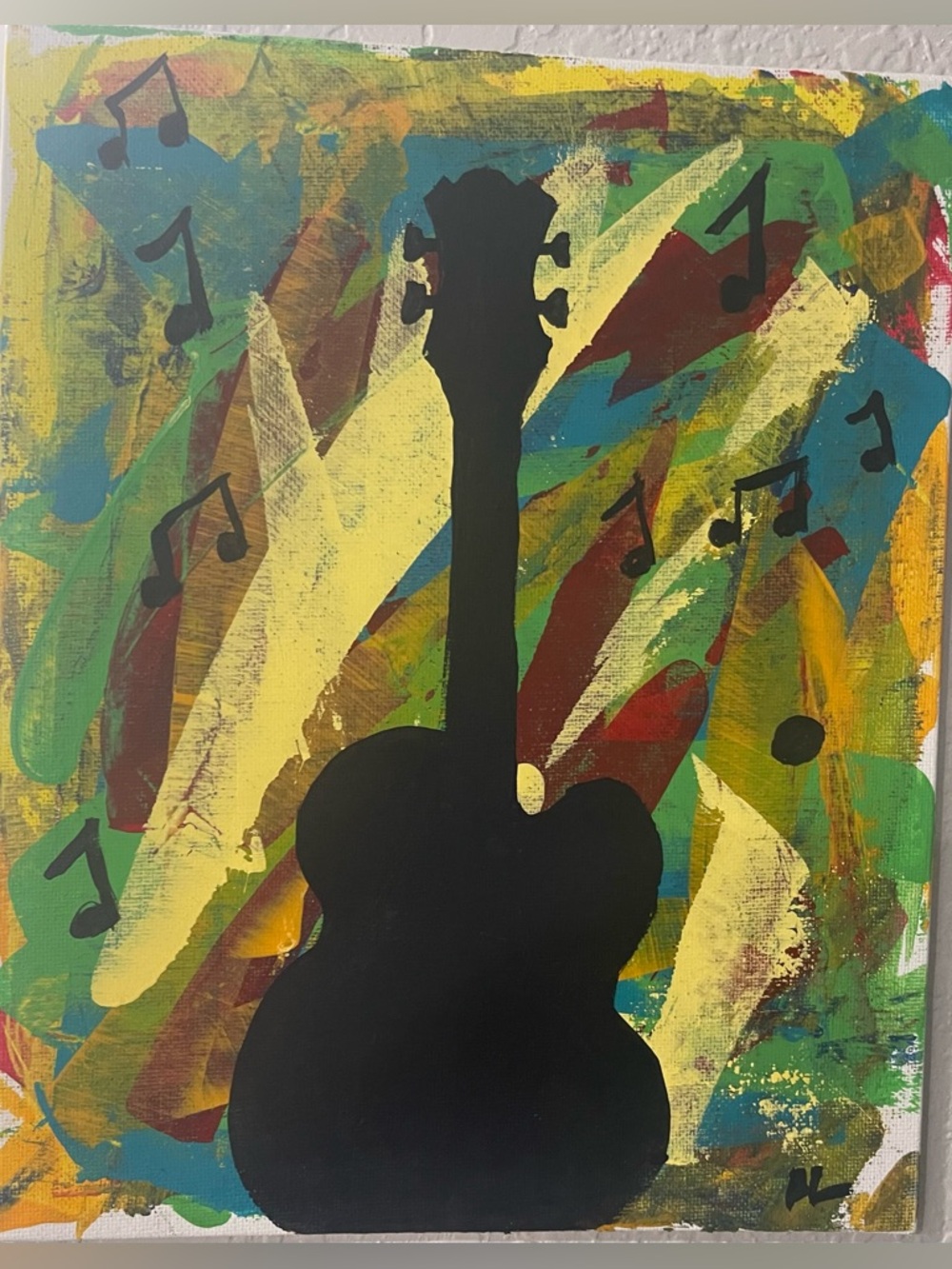 Black Guitar Silhouette on Multicolor Abstract Canvas - Home Art Painting